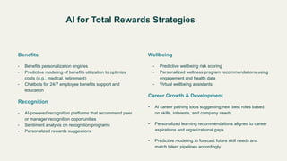 Benefits
• Benefits personalization engines
• Predictive modeling of benefits utilization to optimize
costs (e.g., medical, retirement)
• Chatbots for 24/7 employee benefits support and
education
Recognition
• AI-powered recognition platforms that recommend peer
or manager recognition opportunities
• Sentiment analysis on recognition programs
• Personalized rewards suggestions
Wellbeing
• Predictive wellbeing risk scoring
• Personalized wellness program recommendations using
engagement and health data
• Virtual wellbeing assistants
Career Growth & Development
• AI career pathing tools suggesting next best roles based
on skills, interests, and company needs.
• Personalized learning recommendations aligned to career
aspirations and organizational gaps
• Predictive modeling to forecast future skill needs and
match talent pipelines accordingly
AI for Total Rewards Strategies
 