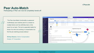 Peer Auto-Match
Participating in Peer can now be completely hands-off.
“The Peer Auto-Match functionality is awesome!
It effortlessly auto-matches jobs for us based on
multiple factors and has definitely been a time
saver for our team. The tool is especially helpful for
those of us who love working in compensation but
find the job matching process tedious.”
Shirley Rawson, Senior Compensation
Analyst, VF Corporation
Now available in Payfactors!
“ “
 