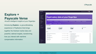 Introducing Explore—a groundbreaking
experience in Payfactors that brings
together the freshest market data and
powerful, tailored insights, transforming
how you interact with real-time
compensation information.
Explore +
Payscale Verse
Access intelligent insights at your fingertips.
Now available in Payfactors!
 
