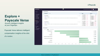 Now available in Payfactors!
Payscale Verse delivers intelligent
compensation insights at the click
of a button.
Explore +
Payscale Verse
Access intelligent insights
at your fingertips.
 