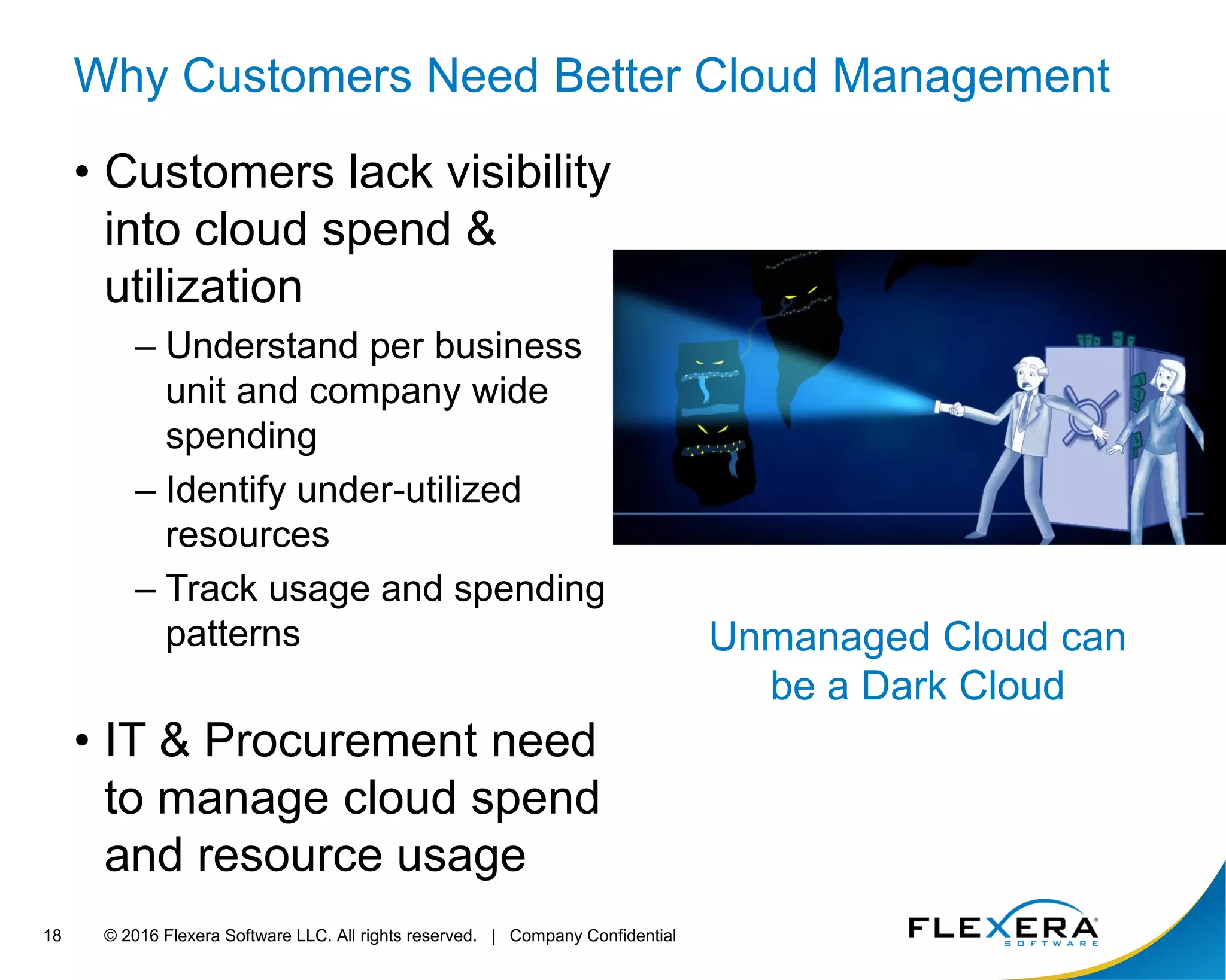© 2016 Flexera Software LLC. All rights reserved. | Company Confidential18
Why Customers Need Better Cloud Management
• Customers lack visibility
into cloud spend &
utilization
– Understand per business
unit and company wide
spending
– Identify under-utilized
resources
– Track usage and spending
patterns
• IT & Procurement need
to manage cloud spend
and resource usage
Unmanaged Cloud can
be a Dark Cloud
 