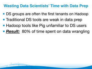 Wasting Data Scientists’ Time with Data Prep"
▪ DS groups are often the ﬁrst tenants on Hadoop
▪ Traditional DS tools are weak in data prep
▪ Hadoop tools like Pig unfamiliar to DS users
▪ Result: 80% of time spent on data wrangling
 