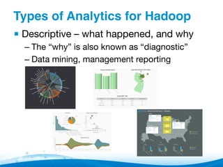 Types of Analytics for Hadoop"
▪ Descriptive – what happened, and why
– The “why” is also known as “diagnostic”
– Data mining, management reporting
 