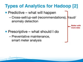 Types of Analytics for Hadoop [2]"
▪ Predictive – what will happen
– Cross-sell/up-sell (recommendations), fraud/
anomaly detection
▪ Prescriptive – what should I do
– Preventative maintenance, 
smart meter analysis
Better with
more data
 