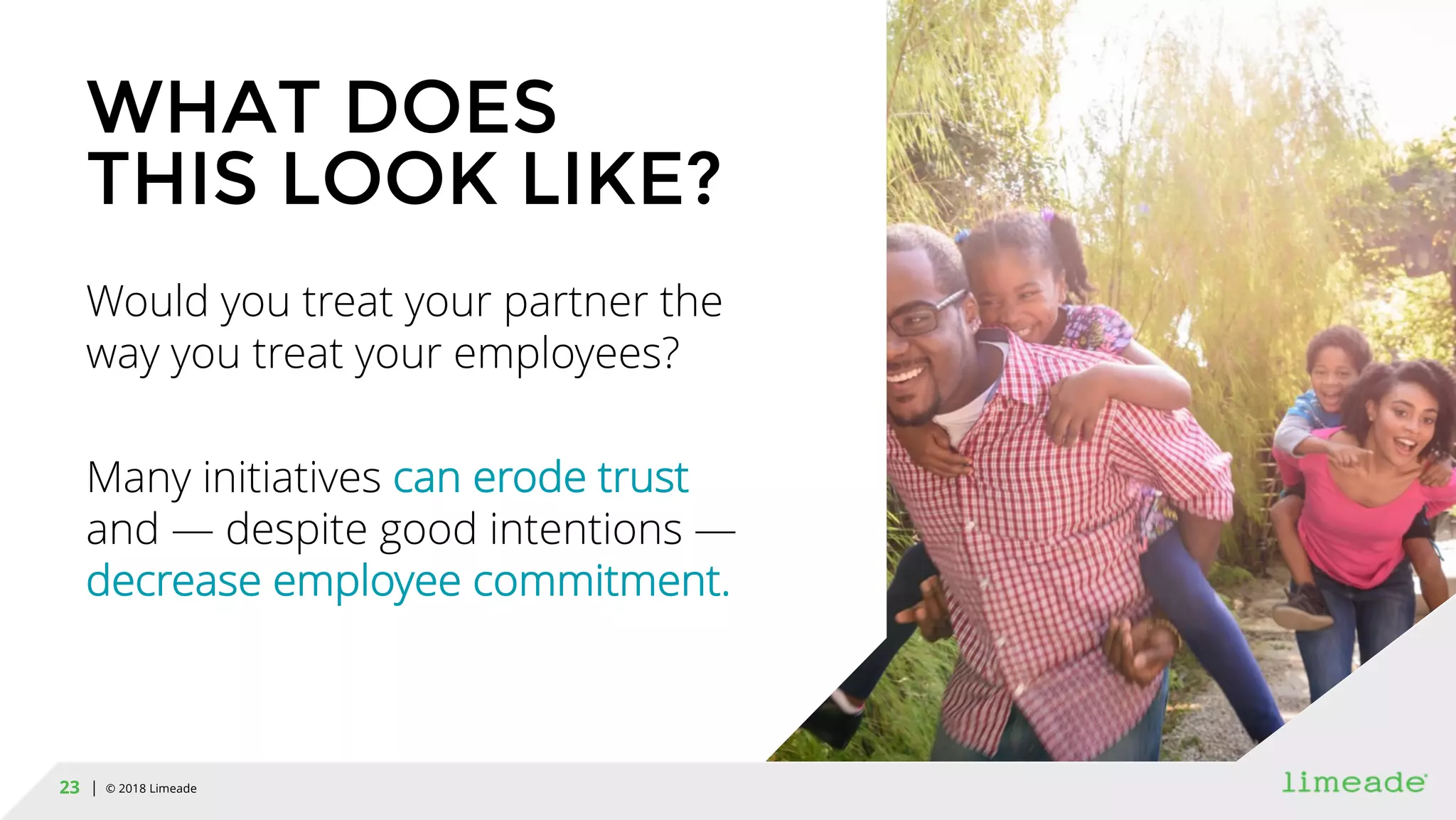 | © 2018 Limeade23
WHAT DOES
THIS LOOK LIKE?
Would you treat your partner the
way you treat your employees?
Many initiatives can erode trust
and — despite good intentions —
decrease employee commitment.
 
