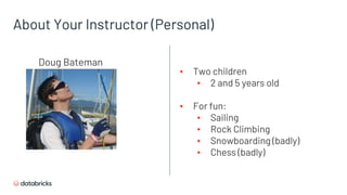 About Your Instructor (Personal)
▪ Two children
▪ 2 and 5 years old
▪ For fun:
▪ Sailing
▪ Rock Climbing
▪ Snowboarding (badly)
▪ Chess (badly)
Doug Bateman
 