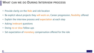 34
WHAT CAN WE DO DURING INTERVIEW PROCESS
• Provide clarity on the Role and Job location
• Be explicit about projects they will work on, Career progression, flexibility offered
• Explain the interview process and expectation at each step
• Asking irrelevant questions
• Doing no or slow follow ups
• Set expectation of monetary compensation offered for the role
 