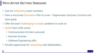 35
PATH AFTER GETTING ONBOARD
• Care for Onboarding team members
• Have a structured Orientation Plan to cover – Organization, Business, Function and
Team goals
• Offer the team Challenging/ Complex problems to work on
• Upskill team skills across
• Communication & Intern-personal
• Business Acumen
• Software Engineering skills
• Provide opportunity for networking with Stakeholders
 