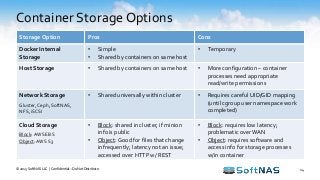Container Storage Options
© 2015 SoftNAS LLC | Confidential – Do Not Distribute 14
Storage Option Pros Cons
Docker Internal
Storage
• Simple
• Shared by containers on same host
• Temporary
Host Storage • Shared by containers on same host • More configuration – container
processes need appropriate
read/write permissions
Network Storage
Gluster,Ceph, SoftNAS,
NFS, iSCSI
• Shared universally within cluster • Requires careful UID/GID mapping
(until cgroup user namespace work
completed)
Cloud Storage
Block: AWS EBS
Object:AWS S3
• Block: shared in cluster, if minion
info is public
• Object: Good for files that change
infrequently; latency not an issue;
accessed over HTTP w/ REST
• Block: requires low latency;
problematic over WAN
• Object: requires software and
access info for storage processes
w/in container
 