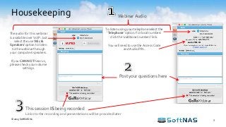 Housekeeping
3
Post your questions here
This session IS being recorded
Links to the recording and presentations will be provided later
To listen using your telephone select the
‘Telephone’ option. For local numbers
click the ‘additional numbers’ link.
You will need to use the Access Code
and Audio PIN.
The audio for this webinar
is available over VoIP. Just
select the use ‘Mic &
Speakers’ option to listen
to the webinar through
your computers speakers.
If you CAN NOT hear us,
please check your volume
settings.
Webinar Audio
© 2015 SoftNAS Inc.
 