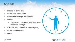 Agenda
© 2015 SoftNAS Inc. 5
• Docker in 3 Minutes
• SoftNAS Architecture
• Persistent Storage for Docker
• Demo
– Set-up a Cloud NAS on AWS for Docker
Persistent Storage
• Amazon EC2 Container Service (ECS)
• SoftNAS Overview
• Q&A
 