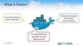 What is Docker?
7
A Docker Container
looks like a
virtual machine
Linux OS isolation
tools made easy
Provide additional
‘goodies’ for app
development
© 2015 SoftNAS Inc.
 