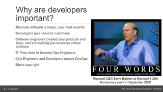 We Drive Business Evolution Forward
Why are developers
important?
•Because software is magic; you need wizards
•Developers give value to customers
•Software engineers created your products and
tools, and are building you business critical
software
•IT Pros need to become Ops Engineers
•Ops Engineers and Developers enable DevOps
•Steve was right
Microsoft CEO Steve Ballmer at Microsoft’s 25th
Anniversary event in September 2000
 