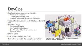 We Drive Business Evolution Forward
DevOps
•DevOps is about speeding up the SDL
• We focus on outcomes
• Culture, technology and tools
• Changing what people do changes the culture
•Resolve the core, chronic conflict between dev and
ops
•The Three Ways
• The Principles of Flow
• The Principles of Feedback
• The Principles of Continual Learning and
Experimentation
•Shared Goals
•How to integrate Dev and Ops?
•Technology to enable the principles come later The Phoenix Project: A Novel About IT, DevOps, and Helping Your Business Win
by Gene Kim, Kevin Behr, George Spafford
 