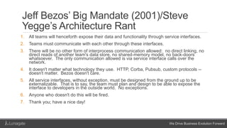 We Drive Business Evolution Forward
Jeff Bezos’ Big Mandate (2001)/Steve
Yegge’s Architecture Rant
1. All teams will henceforth expose their data and functionality through service interfaces.
2. Teams must communicate with each other through these interfaces.
3. There will be no other form of interprocess communication allowed: no direct linking, no
direct reads of another team's data store, no shared-memory model, no back-doors
whatsoever. The only communication allowed is via service interface calls over the
network.
4. It doesn't matter what technology they use. HTTP, Corba, Pubsub, custom protocols --
doesn't matter. Bezos doesn't care.
5. All service interfaces, without exception, must be designed from the ground up to be
externalizable. That is to say, the team must plan and design to be able to expose the
interface to developers in the outside world. No exceptions.
6. Anyone who doesn't do this will be fired.
7. Thank you; have a nice day!
 