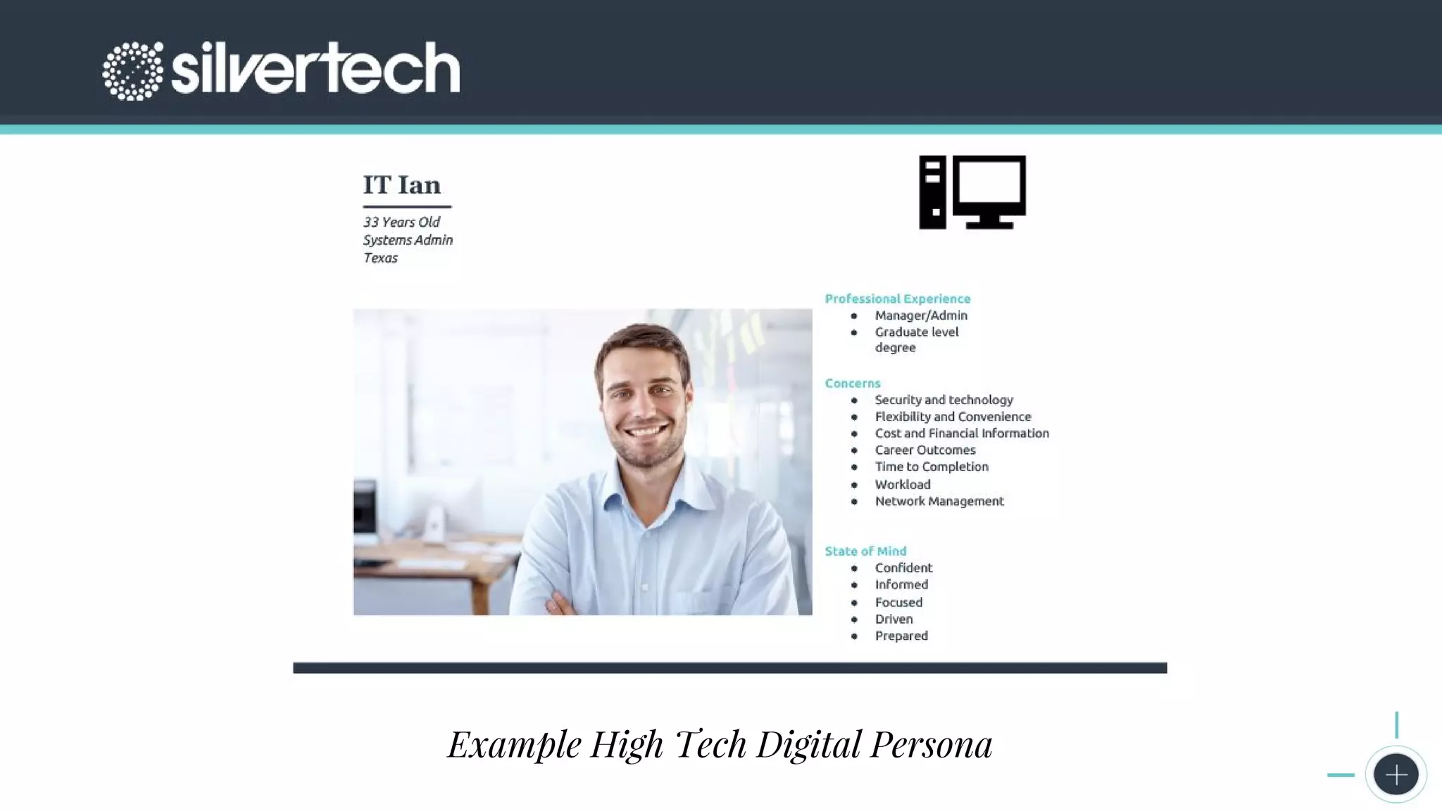 CRM
The Seven Steps to Successful Persona Creation
Google Analytics Screenshots
Example High Tech Digital Persona
 