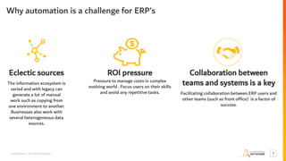 Confidential – Do Not Distribute 5
Why automation is a challenge for ERP’s
Eclectic sources
The information ecosystem is
varied and with legacy can
generate a lot of manual
work such as copying from
one environment to another.
Businesses also work with
several heterogeneous data
sources.
ROI pressure
Pressure to manage costs in complex
evolving world . Focus users on their skills
and avoid any repetitive tasks.
Collaboration between
teams and systems is a key
Facilitating collaboration between ERP users and
other teams (such as front office) is a factor of
success.
 