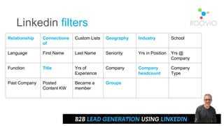 Linkedin filters
Relationship Connections
of
Custom Lists Geography Industry School
Language First Name Last Name Seniority Yrs in Position Yrs @
Company
Function Title Yrs of
Experience
Company Company
headcount
Company
Type
Past Company Posted
Content KW
Became a
member
Groups
 