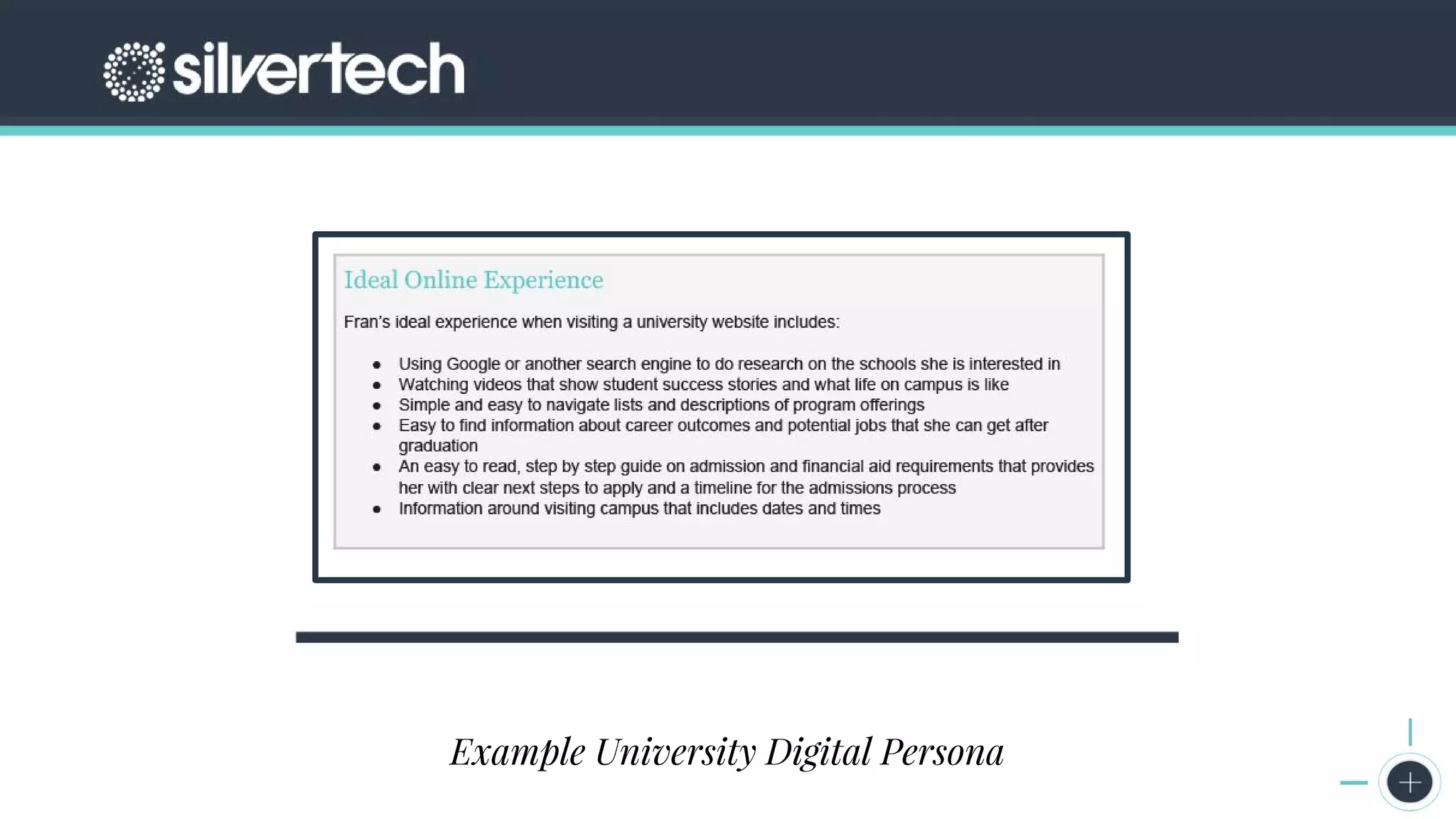 CRM
The Seven Steps to Successful Persona Creation
Google Analytics Screenshots
Example University Digital Persona
 