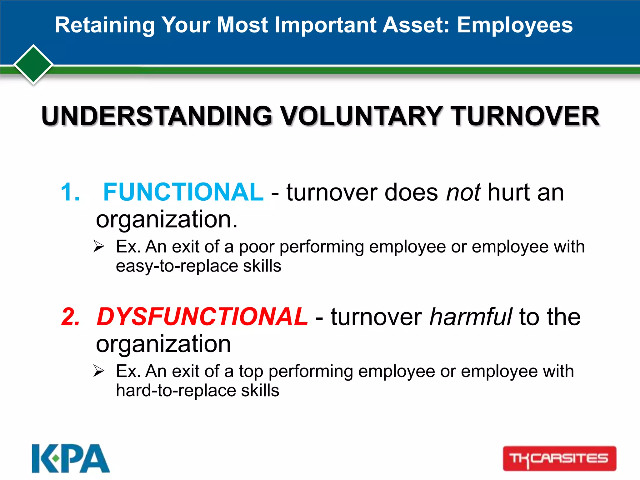Retaining Your Most Important Asset: Employees
UNDERSTANDING VOLUNTARY TURNOVER
1. FUNCTIONAL - turnover does not hurt an
organization.
 Ex. An exit of a poor performing employee or employee with
easy-to-replace skills
2. DYSFUNCTIONAL - turnover harmful to the
organization
 Ex. An exit of a top performing employee or employee with
hard-to-replace skills
 