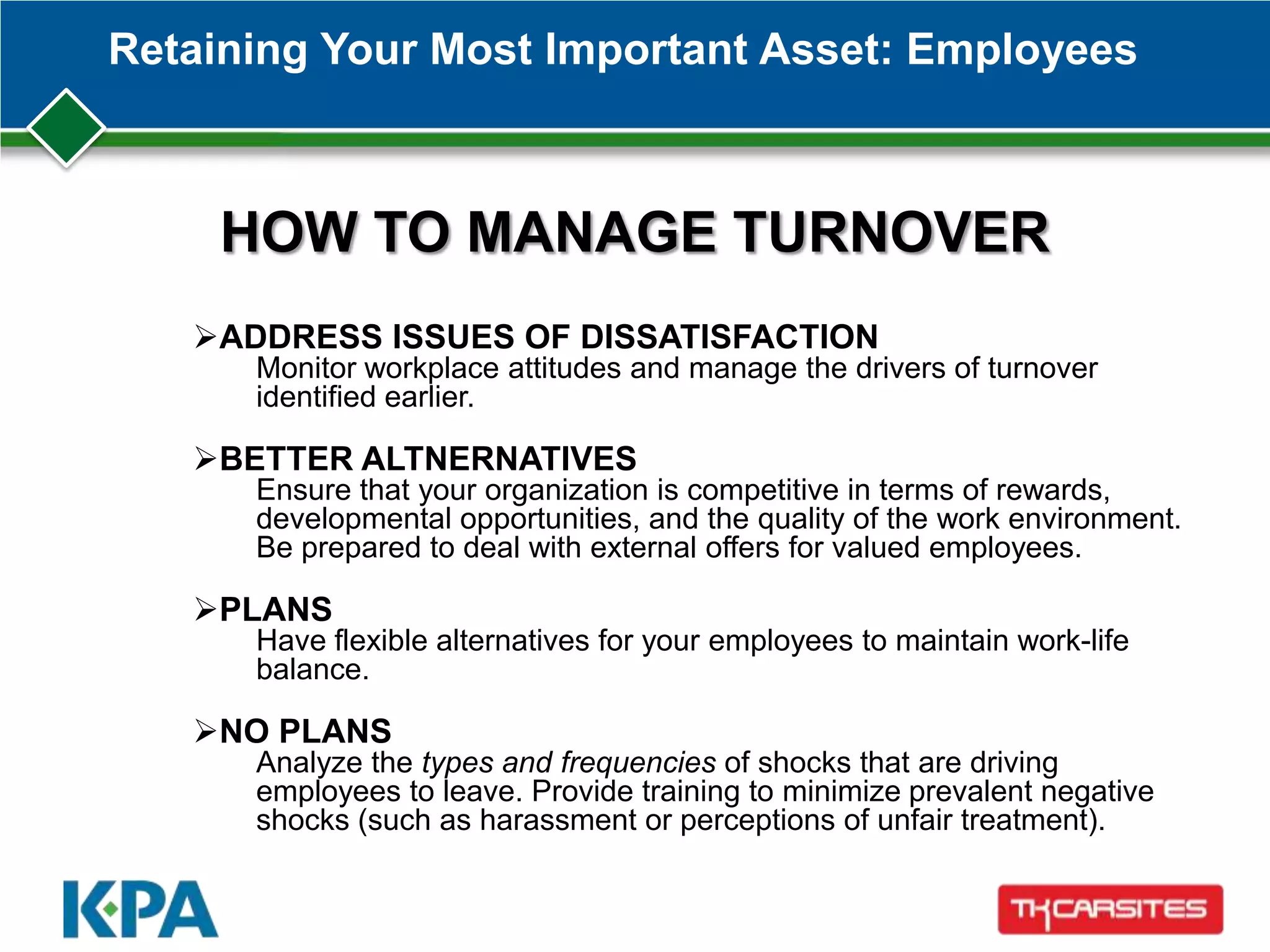 Retaining Your Most Important Asset: Employees
HOW TO MANAGE TURNOVER
ADDRESS ISSUES OF DISSATISFACTION
Monitor workplace attitudes and manage the drivers of turnover
identified earlier.
BETTER ALTNERNATIVES
Ensure that your organization is competitive in terms of rewards,
developmental opportunities, and the quality of the work environment.
Be prepared to deal with external offers for valued employees.
PLANS
Have flexible alternatives for your employees to maintain work-life
balance.
NO PLANS
Analyze the types and frequencies of shocks that are driving
employees to leave. Provide training to minimize prevalent negative
shocks (such as harassment or perceptions of unfair treatment).
 