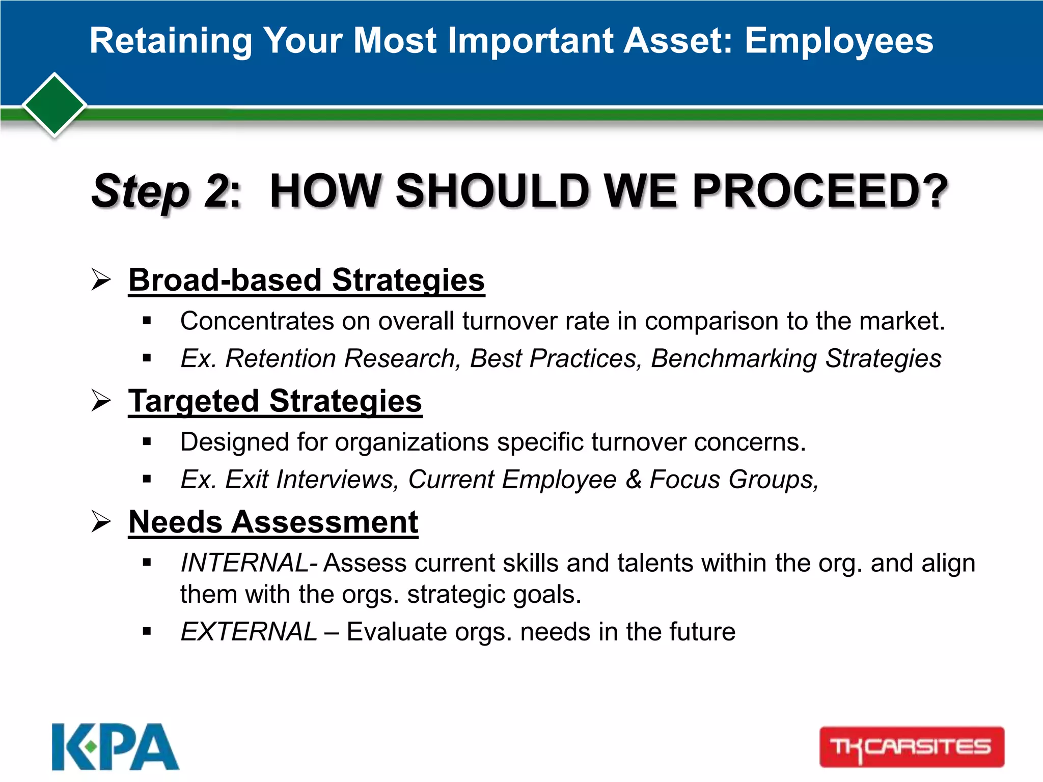 Retaining Your Most Important Asset: Employees
Step 2: HOW SHOULD WE PROCEED?
 Broad-based Strategies
 Concentrates on overall turnover rate in comparison to the market.
 Ex. Retention Research, Best Practices, Benchmarking Strategies
 Targeted Strategies
 Designed for organizations specific turnover concerns.
 Ex. Exit Interviews, Current Employee & Focus Groups,
 Needs Assessment
 INTERNAL- Assess current skills and talents within the org. and align
them with the orgs. strategic goals.
 EXTERNAL – Evaluate orgs. needs in the future
 