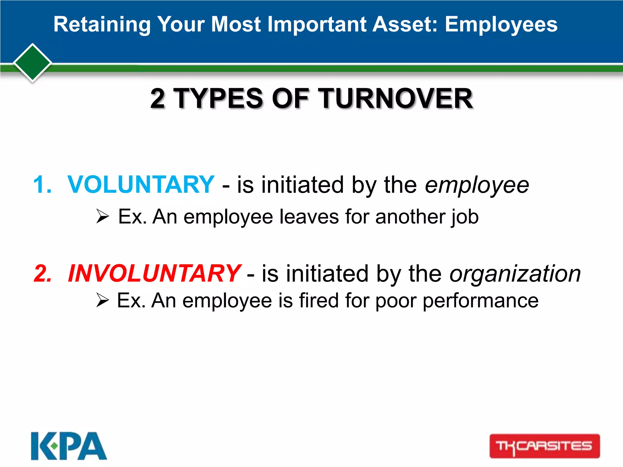 Retaining Your Most Important Asset: Employees
2 TYPES OF TURNOVER
1. VOLUNTARY - is initiated by the employee
 Ex. An employee leaves for another job
2. INVOLUNTARY - is initiated by the organization
 Ex. An employee is fired for poor performance
 