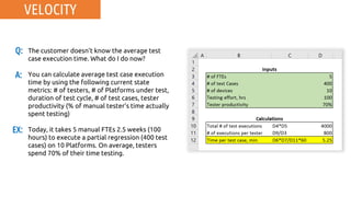 VELOCITY
Q: The customer doesn’t know the average test
case execution time. What do I do now?
You can calculate average test case execution
time by using the following current state
metrics: # of testers, # of Platforms under test,
duration of test cycle, # of test cases, tester
productivity (% of manual tester’s time actually
spent testing)
Today, it takes 5 manual FTEs 2.5 weeks (100
hours) to execute a partial regression (400 test
cases) on 10 Platforms. On average, testers
spend 70% of their time testing.
A:
EX:
 