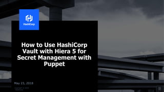 Copyright © 2018
HashiCorp
May 23, 2018
How to Use HashiCorp
Vault with Hiera 5 for
Secret Management with
Puppet
 