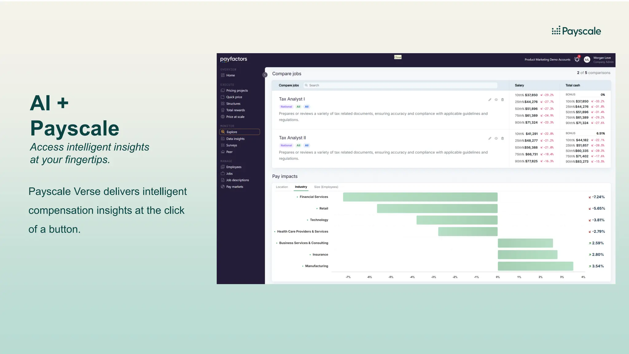 Payscale Verse delivers intelligent
compensation insights at the click
of a button.
AI +
Payscale
Access intelligent insights
at your fingertips.
 