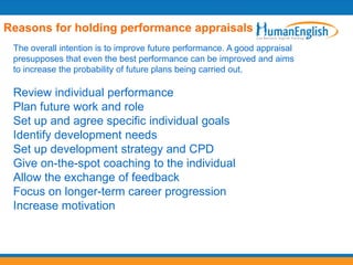 Reasons for holding performance appraisals
 The overall intention is to improve future performance. A good appraisal
 presupposes that even the best performance can be improved and aims
 to increase the probability of future plans being carried out.

 Review individual performance
 Plan future work and role
 Set up and agree specific individual goals
 Identify development needs
 Set up development strategy and CPD
 Give on-the-spot coaching to the individual
 Allow the exchange of feedback
 Focus on longer-term career progression
 Increase motivation
 