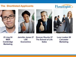 The Shortlisted Applicants




 Zi Ling 24   Jennifer Jones 27   Duncan Rourke 57     Lucy Looker 29
    MBA              LSE          The School of Life     Lancaster
 Cambridge       Economics              Sales            Marketing
 Marketing
 