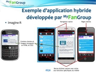 Transformez vos clients en Fans de votre marque
Exemple d'application hybride
développée par MyFanGroup
 imagine R
Barres d'icônes natives avec accès
aux fonctions spécifiques du mobile
Navigation native Pages natives
Contenu (textes et
images) encapsulé
en HTML et CSS3
18/36
 