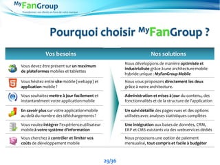Transformez vos clients en Fans de votre marque
Pourquoi choisir MyFanGroup ?
Vos besoins Nos solutions
Vous devez être présent sur un maximum
de plateformes mobiles et tablettes
Nous développons de manière optimisée et
industrialisée grâce à une architecture mobile
hybride unique : MyFanGroup Mobile
Vous hésitez entre site mobile (webapp) et
application mobile ?
Nous vous proposons directement les deux
grâce à notre architecture.
Vous souhaitez mettre à jour facilement et
instantanément votre applicationmobile
Administration et mises à jour du contenu, des
fonctionnalités et de la structure de l'application
En savoir plus sur votre application mobile
au-delà du nombre des téléchargements ?
Un suivi détaillé des pages vues et des options
utilisées avec analyses statistiques complètes
Vous voulez intégrer l'expérienceutilisateur
mobile à votre système d’information
Une intégration aux bases de données, CRM,
ERP et CMS existants via des webservicesdédiés
Vous cherchez à contrôler et limiter vos
coûts de développement mobile
Nous proposons une option de paiement
mensualisé, tout compris et facile à budgéter
29/36
 
