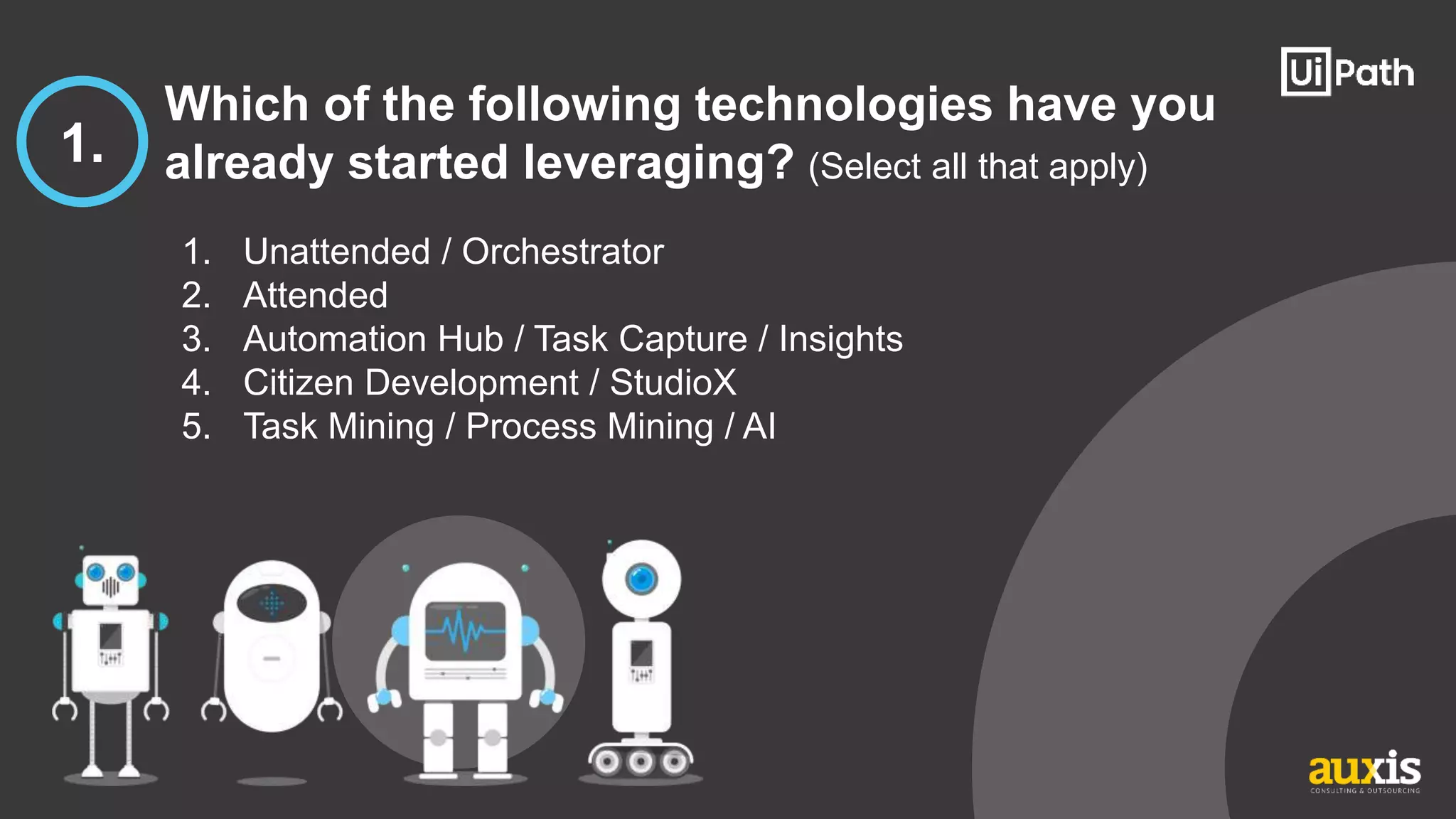 1. Unattended / Orchestrator
2. Attended
3. Automation Hub / Task Capture / Insights
4. Citizen Development / StudioX
5. Task Mining / Process Mining / AI
1.
Which of the following technologies have you
already started leveraging? (Select all that apply)
 