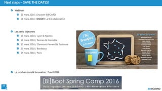 15
Next steps – SAVE THE DATES!
Webinars
21 mars 2016 : Discover BiBOARD
28 mars 2016 : [INEDIT] La BI Collaborative
Les petits déjeuners
15 mars 2016 / Lyon & Nantes
16 mars 2016 / Rennes & Grenoble
17 mars 2016 / Clermont-Ferrand & Toulouse
23 mars 2016 / Bordeaux
24 mars 2016 / Paris
Le prochain comité Innovation : 7 avril 2016
 