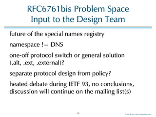 ©!Men!&!Mice!!http://menandmice.com!
RFC6761bis!Problem!Space 
Input!to!the!Design!Team
future!of!the!special!names!registry!
namespace!!=!DNS!
one-off!protocol!switch!or!general!solution!
(.alt,!.ext,!.external)?!
separate!protocol!design!from!policy?!
heated!debate!during!IETF!93,!no!conclusions,!
discussion!will!continue!on!the!mailing!list(s)
14
 