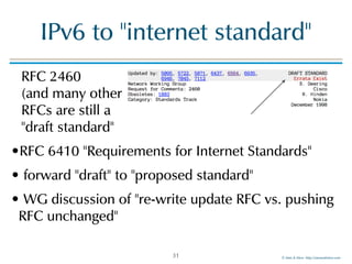 ©!Men!&!Mice!!http://menandmice.com!
IPv6!to!"internet!standard"
RFC!2460 
(and!many!other 
RFCs!are!still!a! 
"draft!standard"!
•RFC!6410!"Requirements!for!Internet!Standards"!
•!forward!"draft"!to!"proposed!standard"!
•!WG!discussion!of!"re-write!update!RFC!vs.!pushing!
RFC!unchanged"
31
 