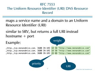 ©!Men!&!Mice!!http://menandmice.com!
RFC!7553 
The!Uniform!Resource!Identifier!(URI)!DNS!Resource!
Record
maps!a!service!name!and!a!domain!to!an!Uniform!
Resource!Identifier!(URI)!
similar!to!SRV,!but!returns!a!full!URI!instead!
hostname!+!port!
Example:!
_http._tcp.menandmice.com. 3600 IN URI 10 50 "http://www.menandmice.com" 
_http._tcp.menandmice.com. 3600 IN URI 10 50 "http://www.menandmice.com" 
_http._tcp.menandmice.com. 3600 IN URI 20 00 "http://www.menandmice.com"
7
priority
weight
URI
 