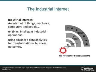 The Industrial Internet
Industrial Internet:
An internet of things, machines,
computers and people…
enabling intelligent industrial
operations…
using advanced data analytics
for transformational business
outcomes.
Using the Industrial Internet to Move From Planned Maintenance to Predictive Health Maintenance
March 11, 2015
 