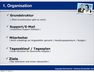1. Organisation

            Grundstruktur
                  ( Ohne Grundstruktur geht es nicht)


            Support/E-Mail
                 ( kostenlose Support Software )



           Mitarbeiter
                 ( Nicht unbedingt ein Angestellter gemeint / Handlungsspielraum / Budget )



           Tagesablauf / Tagesplan
                 ( Feste Uhrzeiten für bestimmte Aufgabe )


           Ziele
                ( Klar deﬁnieren und immer überprüfen )


                                                             Copyright Ralf Schmitz / Matthias Brandmüller 2012
Mittwoch, 15. Februar 12
 