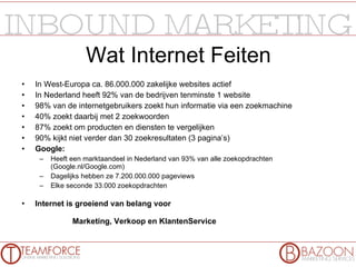Wat Internet Feiten In West-Europa ca. 86.000.000 zakelijke websites actief In Nederland heeft 92% van de bedrijven tenminste 1 website 98% van de internetgebruikers zoekt hun informatie via een zoekmachine 40% zoekt daarbij met 2 zoekwoorden 87% zoekt om producten en diensten te vergelijken 90% kijkt niet verder dan 30 zoekresultaten (3 pagina’s) Google: Heeft een marktaandeel in Nederland van 93% van alle zoekopdrachten (Google.nl/Google.com) Dagelijks hebben ze 7.200.000.000 pageviews Elke seconde 33.000 zoekopdrachten Internet is groeiend van belang voor    Marketing, Verkoop en KlantenService 