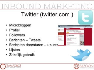 Twitter (twitter.com ) Microbloggen Profiel Followers Berichten – Tweets Berichten doorsturen –  Re-Tweets Lijsten Zakelijk gebruik 
