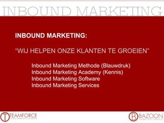 WAT LANCEREN WIJ VANDAAG? “ WIJ HELPEN ONZE KLANTEN TE GROEIEN” Inbound Marketing Methode (Blauwdruk) Inbound Marketing Academy (Kennis) Inbound Marketing Software Inbound Marketing Services INBOUND MARKETING: “ WIJ HELPEN ONZE KLANTEN TE GROEIEN” Inbound Marketing Methode (Blauwdruk) Inbound Marketing Academy (Kennis) Inbound Marketing Software Inbound Marketing Services 