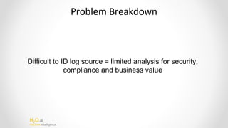 H2O.ai
Machine Intelligence
Problem Breakdown
Difficult to ID log source = limited analysis for security,
compliance and business value
 