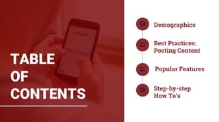 TABLE
OF
CONTENTS
Demographics
Best Practices:
Posting Content
Step-by-step
How To’s
Popular Features
 