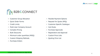 • Customer Group Allocation
• Quick Order Forms
• Credit Limits
• Multi-User Company Account
• Complex Pricing
• Bulk Discounts
• Minimum order quantities (MOQ)
• Custom Shipping Methods
• Purchase Orders
• Flexible Payment Options
• Request For Quote (RFQ)
• Customer-Specific Catalogue
• Cart Rules
• Purchase Approvals
• Registration and Approval
• Custom Price Lists
• Quoting Price List
Integrated B2B eCommerce for Sage 300 ERP
30
 