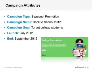 Campaign Attributes


       Campaign Type: Seasonal Promotion
       Campaign Name: Back to School 2012
       Campaign Goal: Target college students
       Launch: July 2012
       End: September 2012
                                           web
                                         mobile
© 2011 Webtrends, All Rights Reserved.
                                         social | 30
 