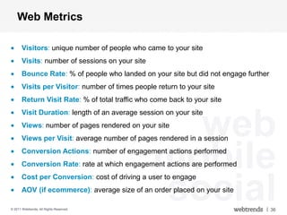 Web Metrics

       Visitors: unique number of people who came to your site
       Visits: number of sessions on your site
       Bounce Rate: % of people who landed on your site but did not engage further
       Visits per Visitor: number of times people return to your site
       Return Visit Rate: % of total traffic who come back to your site



                                                   web
       Visit Duration: length of an average session on your site
       Views: number of pages rendered on your site
       Views per Visit: average number of pages rendered in a session


                                                 mobile
       Conversion Actions: number of engagement actions performed
       Conversion Rate: rate at which engagement actions are performed



                                                 social
       Cost per Conversion: cost of driving a user to engage
       AOV (if ecommerce): average size of an order placed on your site

© 2011 Webtrends, All Rights Reserved.                                           | 36
 