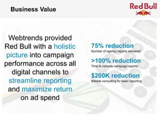Business Value



  Webtrends provided
Red Bull with a holistic                 75% reduction
                                         Number of agency reports delivered
 picture into campaign
performance across all                   >100% reduction
                                         Time to compile campaign reports

   digital channels to                   $200K reduction
  streamline reporting                   Billable consulting for basic reporting

 and maximize return
      on ad spend

© 2011 Webtrends, All Rights Reserved.                                             | 44
 